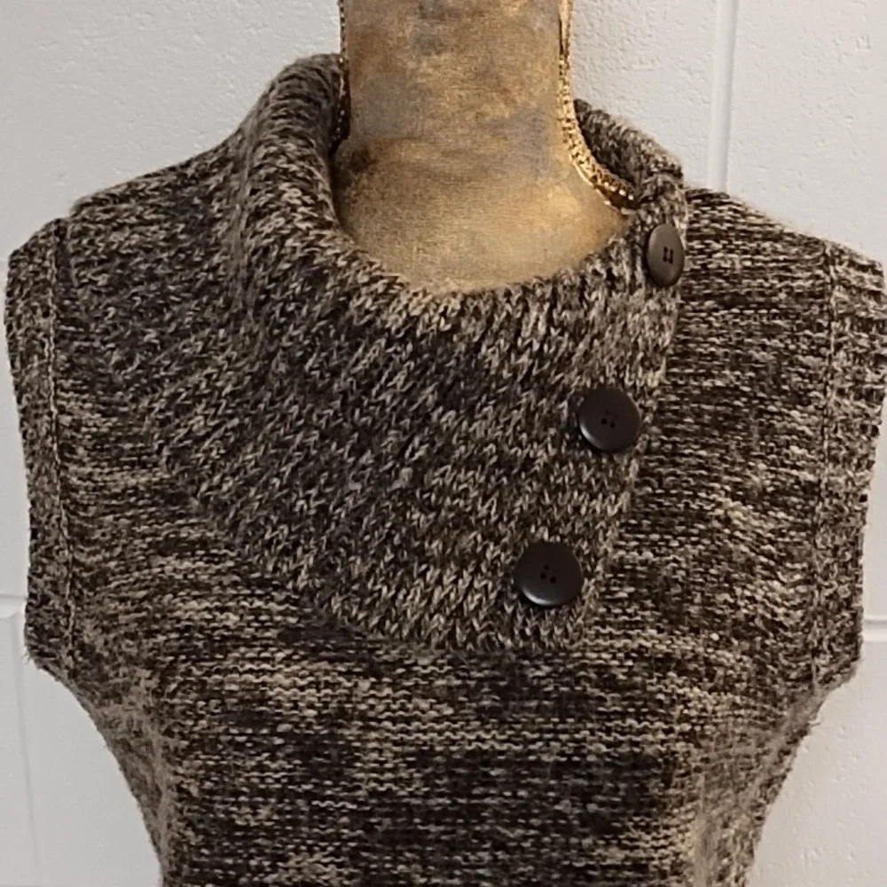 Mock Cowl Neck Sweater Vest Top Jacket Shell Tan Button Detail Fall Chunky look - Picture 3 of 10